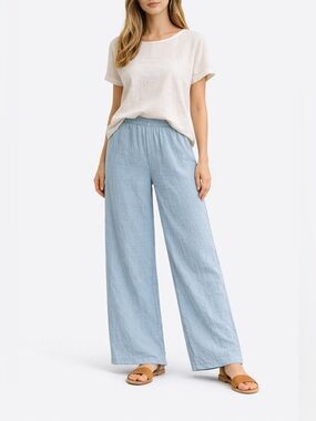 Alice Collins Pants 12 Wide Leg‎ Textured Blue Pull On Waist Lounge Lagenlook